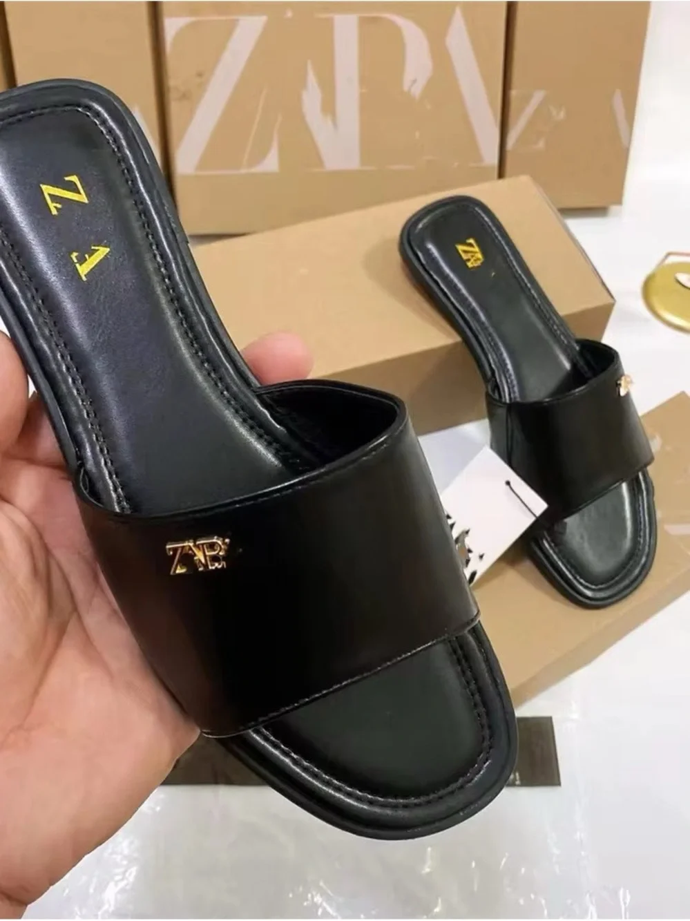Zara White Slide Sandals with Gold Logo Pin - Picture 4 of 11